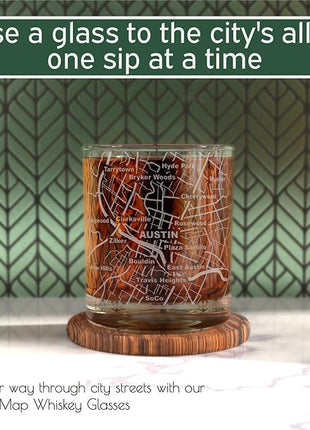 Greenline Goods Whiskey Glasses - 10 Oz Tumbler Gift Set for Austin lovers, Etched with Austin Map | Old Fashioned Rocks Glass - Set of 2