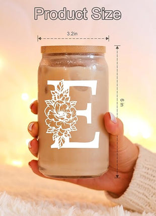 Coolife Initial Glass Cup, Monogrammed Gifts for Women, 16 oz Glass Cups w/Lids Straws, Iced Coffee Smoothie Beer Tumbler w/Straw Lid - Personalized Christmas, Birthday Gifts for Her Mom Friend Woman