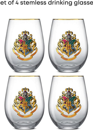 JoyJolt Harry Potter Hogwarts Heritage Stemless Drinking Glasses, 19oz Glass Tumblers, Teardrop Glass Drinking Glasses Set of 4, Hogwarts Cup, Harry Potter Gifts for Adults