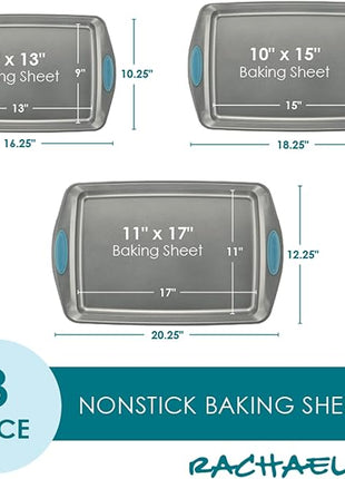 Rachael Ray Bakeware Nonstick Cookie Pan Set, 3-Piece, Gray with Agave Blue Grips