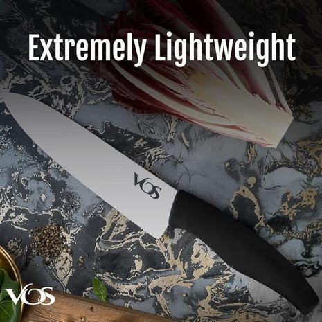 Vos Ceramic Knife with Peeler, Knives Set For Kitchen, Ultra Sharp Kitchen Knife Set with Covers, 4" 5" 6" 7" 8" Paring, Chef Knife, Santoku & 2 more, Lightweight, Dishwasher safe (Black)