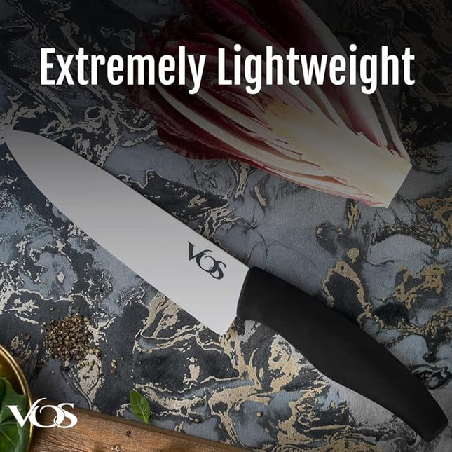 Vos Ceramic Knife with Peeler, Knives Set For Kitchen, Ultra Sharp Kitchen Knife Set with Covers, 4" 5" 6" 7" 8" Paring, Chef Knife, Santoku & 2 more, Lightweight, Dishwasher safe (Black)