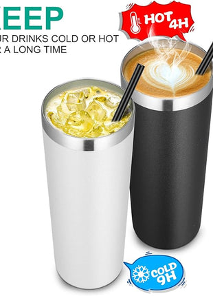 VEGOND Stainless Steel Tumblers Bulk 6 Pack, 20 oz Vacuum Insulated Skinny Tumblers with Lid and Straw, Double Wall Coffee Mug, Travel Water Cup, Black