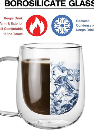 Glass Coffee Mug, 8.5 oz Double Walled Insulated Cup Heat-resistant for Tea Coffee Latte Cappuccino Espresso Iced Tea Dishwasher & Microwave Safe, Set of 1 (Round)