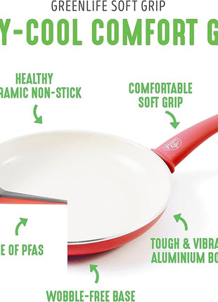 GreenLife 16 Piece Nonstick Cookware Set, Soft Grip Non-Toxic PFAS-Free Ceramic Pots & Pans, Dishwasher & Oven Safe, Frying, Sauce, Saute, Utensils, Glass Lids, Stay-Cool Handles, Wobble Free, Red