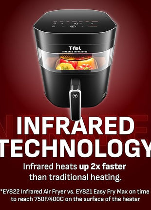 T-fal Infrared Air Fryer, 2x Faster Than Traditional Heating*, Large Air Fryer Dehydrator Combo, 8 Cooking Functions, Window With Light, No-Shake Technology, Dishwasher Safe, 1800W, Black