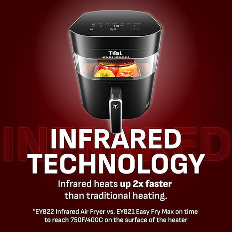 T-fal Infrared Air Fryer, 2x Faster Than Traditional Heating*, Large Air Fryer Dehydrator Combo, 8 Cooking Functions, Window With Light, No-Shake Technology, Dishwasher Safe, 1800W, Black