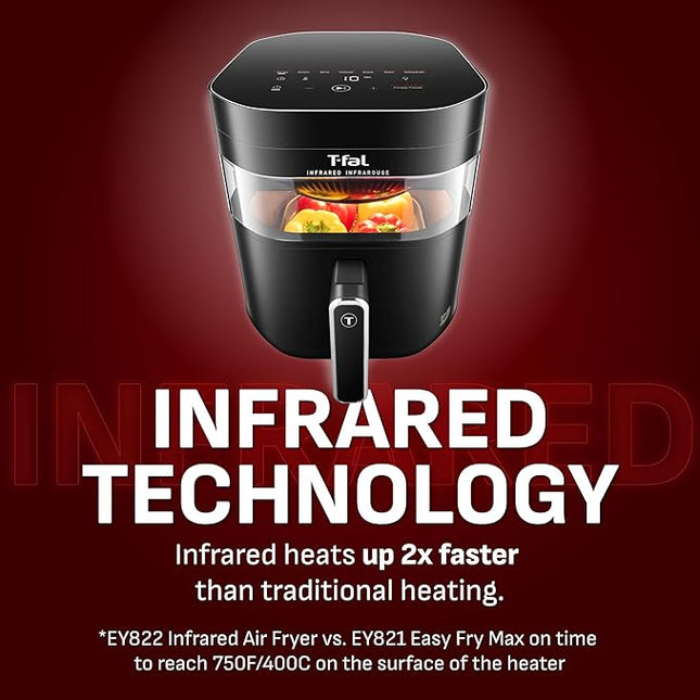 T-fal Infrared Air Fryer, 2x Faster Than Traditional Heating*, Large Air Fryer Dehydrator Combo, 8 Cooking Functions, Window With Light, No-Shake Technology, Dishwasher Safe, 1800W, Black