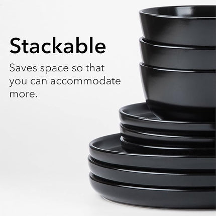 SKUGGA Round Stoneware 16pc Dinnerware Set of 4, Dinner Plates, Side Plates, Cereal Bowls, Mugs - Matte Black (472979)