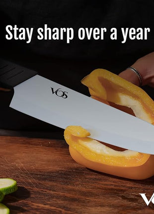 Vos Ceramic Knife Set in Elegant Gift Box, Ceramic Knives Set For Kitchen, Ultra Sharp Kitchen Knife Set with Covers, 4" 5" 6" Paring, Santoku & Chef Knife, Lightweight, Dishwasher safe (Black Handle)