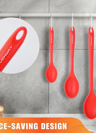 3 Pcs Silicone Spoons Set of 7.9 10.6 14.2 inch for Cooking, Heat Resistant Kitchen Spoons for Mixing, Stirring, and Serving, Small to Large Non Stick (Red)