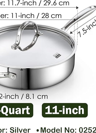 Cooks Standard Classic Stainless Steel Saute Pan 11-inch, 5 Quart Induction Cookware Deep Frying Pan Cooking Skillet with Lid, Stay-Cool Handle