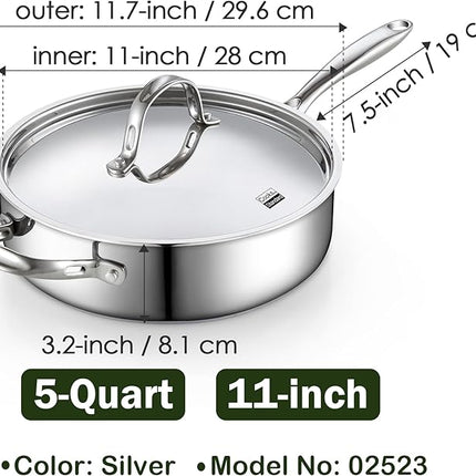 Cooks Standard Classic Stainless Steel Saute Pan 11-inch, 5 Quart Induction Cookware Deep Frying Pan Cooking Skillet with Lid, Stay-Cool Handle