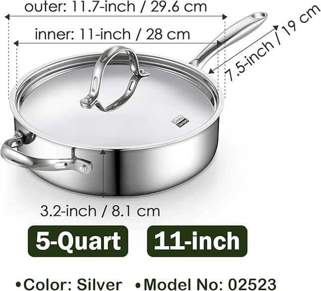 Cooks Standard Classic Stainless Steel Saute Pan 11-inch, 5 Quart Induction Cookware Deep Frying Pan Cooking Skillet with Lid, Stay-Cool Handle