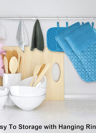 KEGOUU Oven Mitts and Pot Holders 6pcs Set, Kitchen Oven Glove High Heat Resistant 500 Degree Extra Long Oven Mitts and Potholder with Non-Slip Silicone Surface for Cooking (Sky Blue)