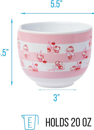 Silver Buffalo Sanrio Hello Kitty Strawberry Milk Pattern Ceramic Ramen Noodle Rice Bowl with Chopsticks, Microwave Safe, 20 Ounces