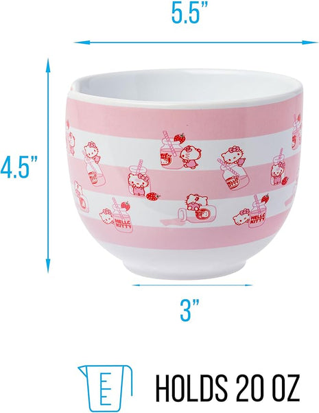Silver Buffalo Sanrio Hello Kitty Strawberry Milk Pattern Ceramic Ramen Noodle Rice Bowl with Chopsticks, Microwave Safe, 20 Ounces