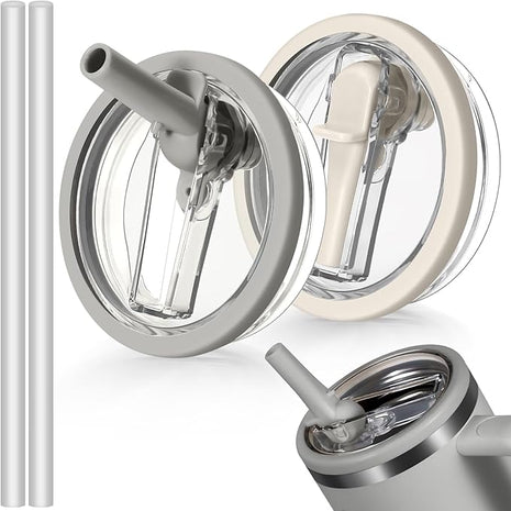 40oz Flip Straw Leak Proof Lid for Stanley H2.0 Quencher Protour Tumbler, 2 Pack Spill Proof Lid Replacement Straw Cover Top for 40 OZ Stanley Cup Accessories (Ash, Beige)