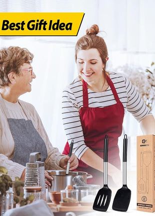 Pack of 2 Silicone Solid Turner, Non Stick Slotted Kitchen Spatulas, High Heat Resistant BPA Free Cooking Utensils, Ideal Cookware for Fish, Eggs, Pancakes(Black)