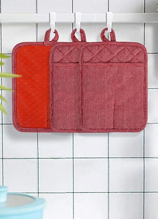 Pot Holders Yarn-Dyed Set of 3 Non Slip Silicone Kitchen Lines Heat Resistant 500℉ Kitchen Gloves BBQ Cooking Baking Cooking Barbecue Microwave Machine Washable (Red Pot Holders)