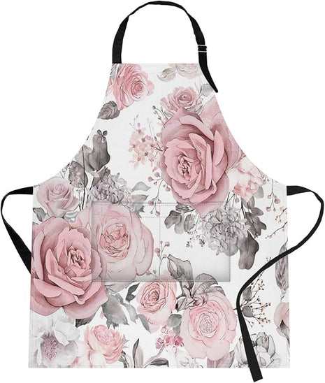Britimes Apron Home Kitchen Cooking Baking Gardening for Women Men with Pockets Pink Flowers Leaves Watercolor Floral 32x28 inch