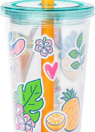 Silver Buffalo Disney Lilo and Stitch Cute Decals Featuring Scrump Plastic Boba Tumbler with Lid and Straw, 24 Ounces