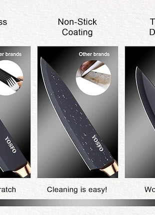 Stainless Steel Chef Knife Set, 6 Piece - Includes 8" Chef, 8" Bread, 7" Santoku, 5" Utility, 8" Carving & 3.5" Paring Knives (Black)