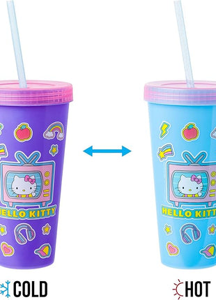 Silver Buffalo Sanrio Hello Kitty and Friends Sticker Design Featuring Kuromi, Keroppi, My Melody, and Hello Kitty 4 Pack Color Changing Plastic Tumbler Set with Glitter Straw, 24 Ounces