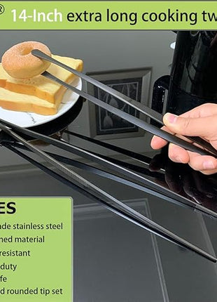 JETKONG 2 Pcs 14-Inch Food Tweezer Tongs Extra Long Stainless Steel Kitchen Tweezer Cooking Tweezers (Black)