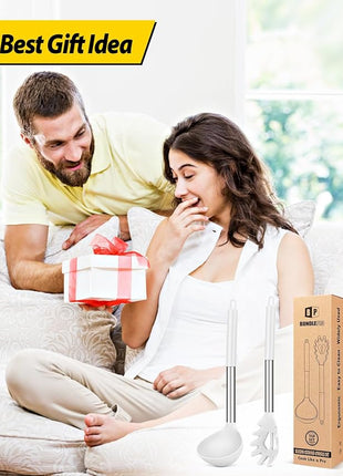 Silicone Pasta Fork and Ladle Spoon Set, Large Non Stick Kitchen Utensils for Cooking,Stirring,Serving Spaghetti, Soup, Sauce (WHITE)