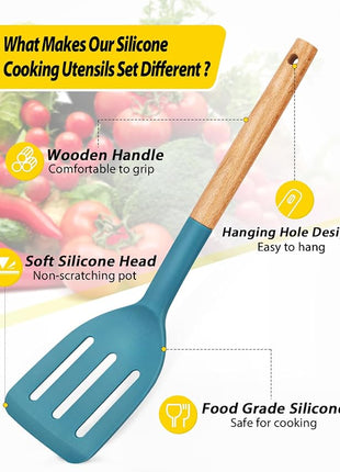 Pack of 4 Silicone Cooking Utensils Set, Non Stick Solid Spatulas and Heat Resistant Slotted Spoons with Wooden Handle, Ideal Wood Kitchen Utensils Set for Frying,Serving,Turning,Stirring (BLUE)