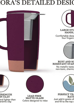 Mora Ceramics Large Tea Mug with Loose Leaf Infuser and Ceramic Lid, 18 oz, Portable, Microwave and Dishwasher Safe, Tall Coffee Cup - Rustic Matte Ceramic Glaze, Modern Herbal Tea Strainer, Merlot