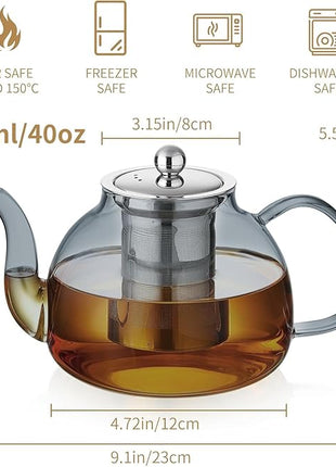 40OZ (1200ML) Glass Teapot with Infuser Stovetop Safe, Clear Glass Tea Pot Kettle, Borosilicate Tea Pot with Infusers Filter for Loose Tea, Tea Kettle Dishwasher Safe (Black)