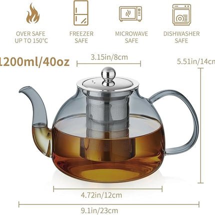 40OZ (1200ML) Glass Teapot with Infuser Stovetop Safe, Clear Glass Tea Pot Kettle, Borosilicate Tea Pot with Infusers Filter for Loose Tea, Tea Kettle Dishwasher Safe (Black)