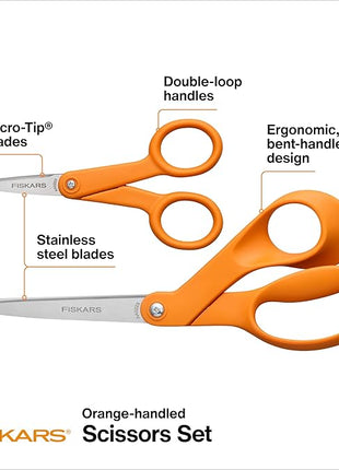 Fiskars Original Orange Handled Scissors 2-Piece Set, 5" Micro Tip and 8" Stainless Steel Scissors, Paper and Fabric Supplies for Office and Arts and Crafts Set, Orange