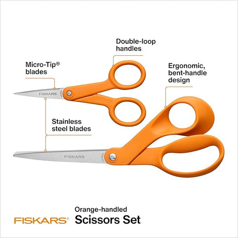 Fiskars Original Orange Handled Scissors 2-Piece Set, 5" Micro Tip and 8" Stainless Steel Scissors, Paper and Fabric Supplies for Office and Arts and Crafts Set, Orange