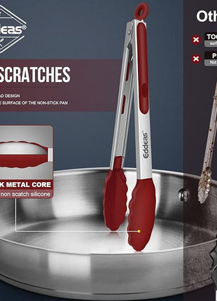 Tongs For Cooking - 7",9" and 12 inch Kitchen Tong with Silicone Tip,Heat Resistant 600 Degrees Metal Locking Tongs - for cooking,Salad and Barbecue,Red Set of 3