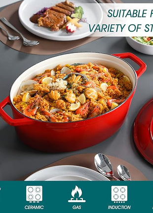 vancasso Enameled Cast Iron Dutch Oven, 9.3 Quart Dutch Oven Pot with Lid, Oval Dutch Oven Cast Iron Pot with Non Stick Enamel Coating for Bread Baking, Red