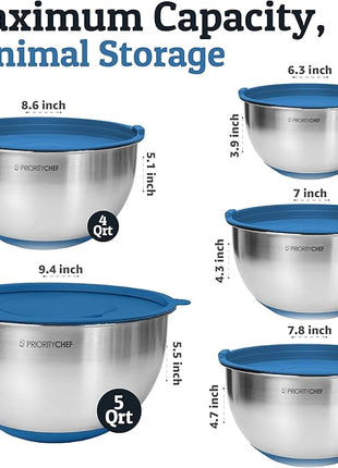 Priority Chef Stainless Steel Mixing Bowls with Lids Set, 3 Grater Attachments, Airtight Lids, Non-Slip Silicone Base Mixing Bowl Set, Large Prep Metal Mixing Bowls for Kitchen, Blue