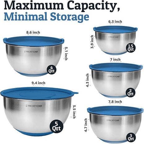 Priority Chef Stainless Steel Mixing Bowls with Lids Set, 3 Grater Attachments, Airtight Lids, Non-Slip Silicone Base Mixing Bowl Set, Large Prep Metal Mixing Bowls for Kitchen, Blue