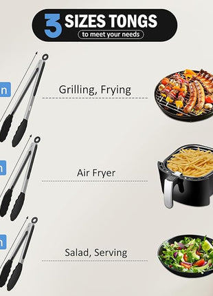 Kitchen Tongs, Set of 3 Stainless Steel Tongs with Silicone Tips Locking Cooking Tongs 600ºF Heat Resistant Tong for Cooking BBQ Grilling Air Fryer Serving Food Salads, 7"+9"+12" Black