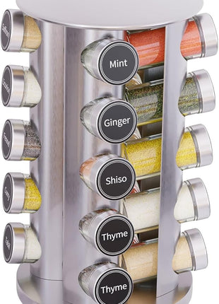 New England Stories Revolving Spice Rack Set with 20 Spice Jars, Kitchen Spice Tower Organizer for Countertop or Cabinet - Carousel Storage Includes 386 Spice Labels (Silver)