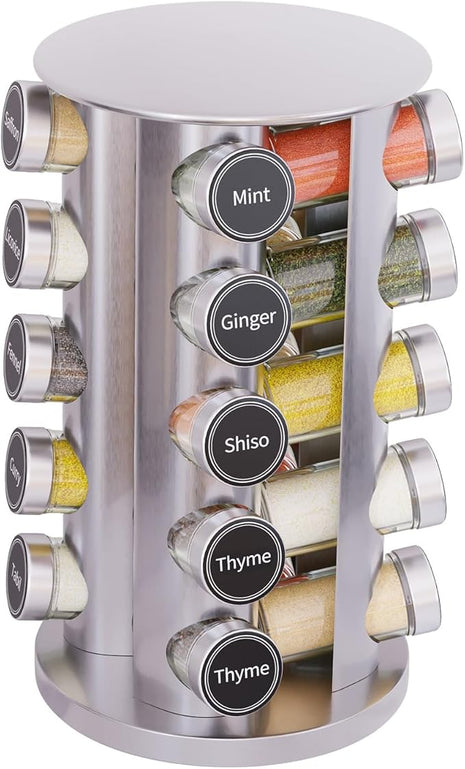 New England Stories Revolving Spice Rack Set with 20 Spice Jars, Kitchen Spice Tower Organizer for Countertop or Cabinet - Carousel Storage Includes 386 Spice Labels (Silver)