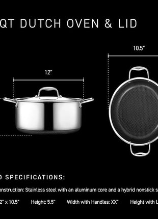 HexClad Hybrid Nonstick 6.5-Quart Oval Dutch Oven with Stainless Steel Lid, Stay-Cool Handles, Dishwasher-Friendly, Oven-Safe Up to 900°F, Induction Ready, Compatible with All Cooktops