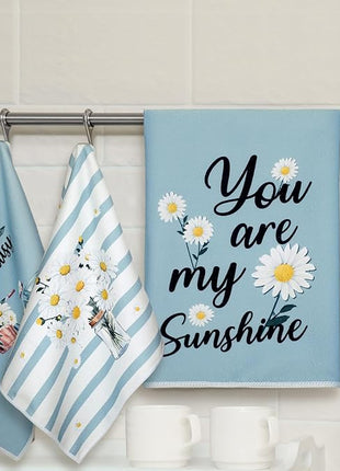 Boyiee Set of 6 Daisy Flower Kitchen Towels Daisy Stripes Tea Towels Floral Absorbent Dishtowels 24 x 16 Inches Housewarming Gifts Blue Hand Wash Cloth for Farmhouse Kitchen Bathroom Decorations