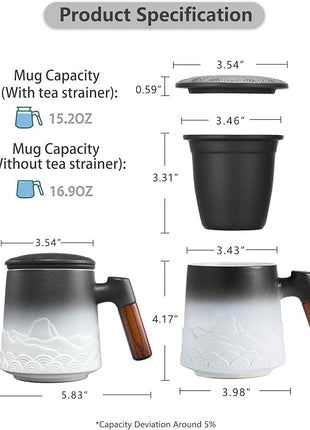 ZENS Tea Mug with Infuser and Lid for Loose Leaf Tea Steeper, 16.9oz Embossed Ceramic Tea Cup with Fine Tea Strainers, Wood Handle Large Diffusers Mugs for Tea Lovers Gifts