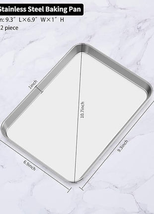 Baking Sheets 2 Pieces, Bastwe Stainless Steel Baking Pan Tray Cookie Sheet, Rectangle Size 9 X 7 X 1 inch, Healthy & Non Toxic, Rust Free & Mirror Finish, Easy Clean & Dishwasher Safe