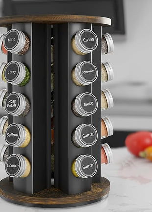 New England Stories Revolving Spice Rack Set with 25 Spice Jars, Kitchen Spice Tower Organizer for Countertop or Cabinet - Carousel Storage Includes 386 Spice Labels