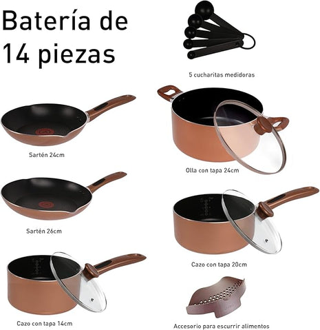 T-fal B036SE64 B036SE Excite ProGlide Nonstick Thermo-Spot Heat Indicator Dishwasher Oven Safe Cookware Set, 14-Piece, Bronze