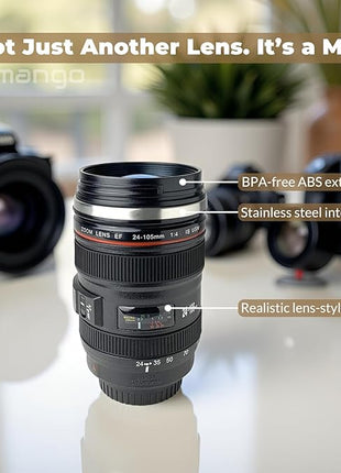 Camera Lens Coffee Mug with Clear Lid – Unique Realistic Lens Cup Replica, Gift for Photography Lovers